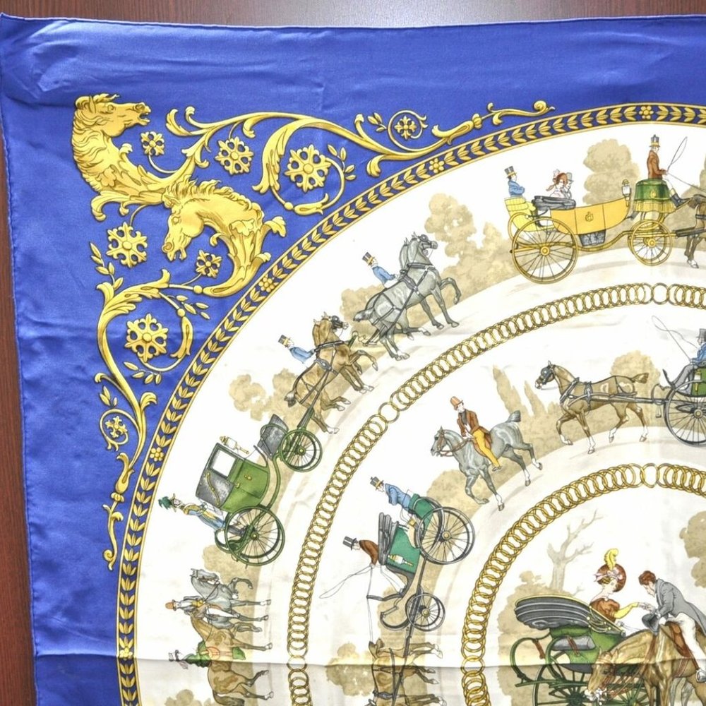 Authentic HERMES Carre 90 Scarf "LA PROMENADE DE LONGCHAMPS" Silk Blue - Picture 3 of 12